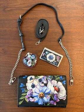 Brighton | Floral Painted Black Wallet/Clutch Bag w/ straps and accessories